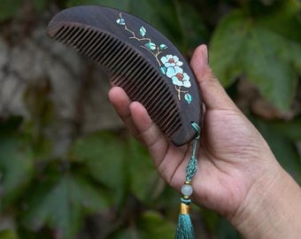 Handcrafted Mother of Pearl Wood Comb: Camellia Flower Design