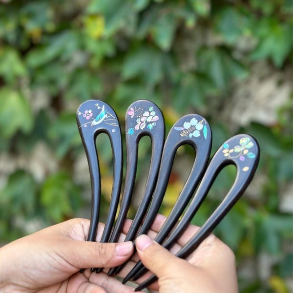 Épingle à cheveux en nacre : bois d'ébène fabriqué à la main, style chinois