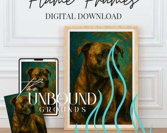 Puede incluir: Una impresión digital enmarcada que presenta un retrato de perro en tonos marrones y dorados sobre un fondo turquesa y azul. La imagen se muestra con una tableta y una impresión más pequeña, con el texto "Flame Frames" y "Digital Download".