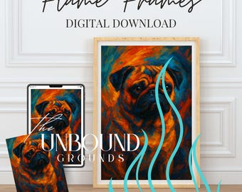 Pug Portrait Print: Flame Frame Dog Art (Digital Download, 18x24 inches PNG File)