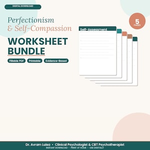 Könnte beinhalten: Grafik zum digitalen Download mit dem Text "Perfectionism & Self-Compassion WORKSHEET BUNDLE." Das Bild enthält einen Stapel linierten Arbeitsblätter und die Wörter "Fillable PDF", "Printable" und "Evidence-Based."