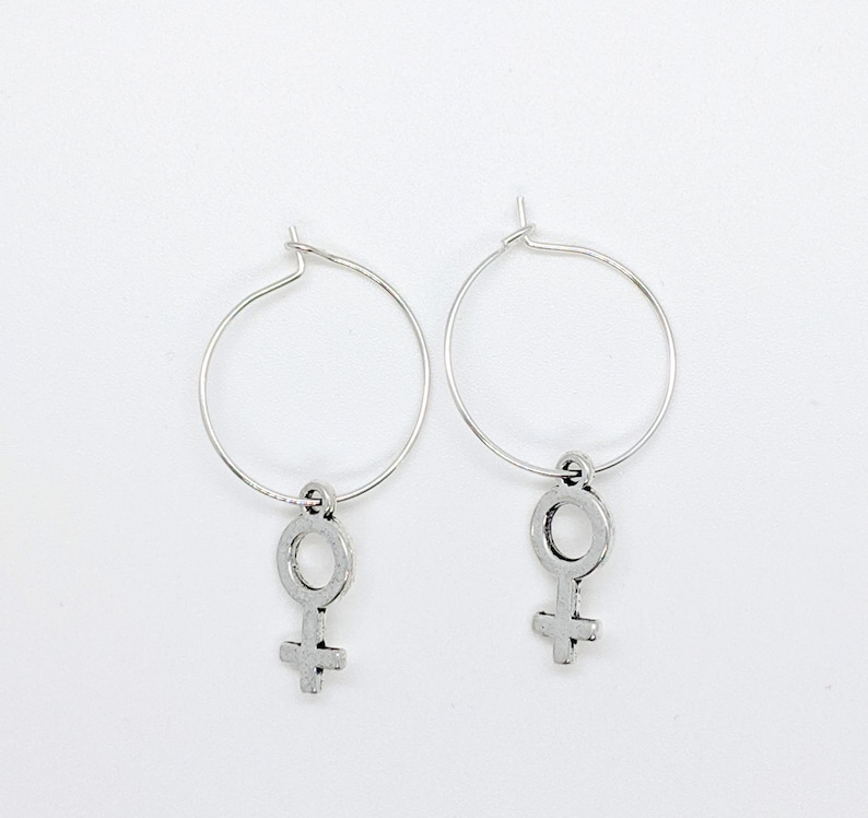 Smaller Size Silver Venus Female Symbol Hoop Earrings