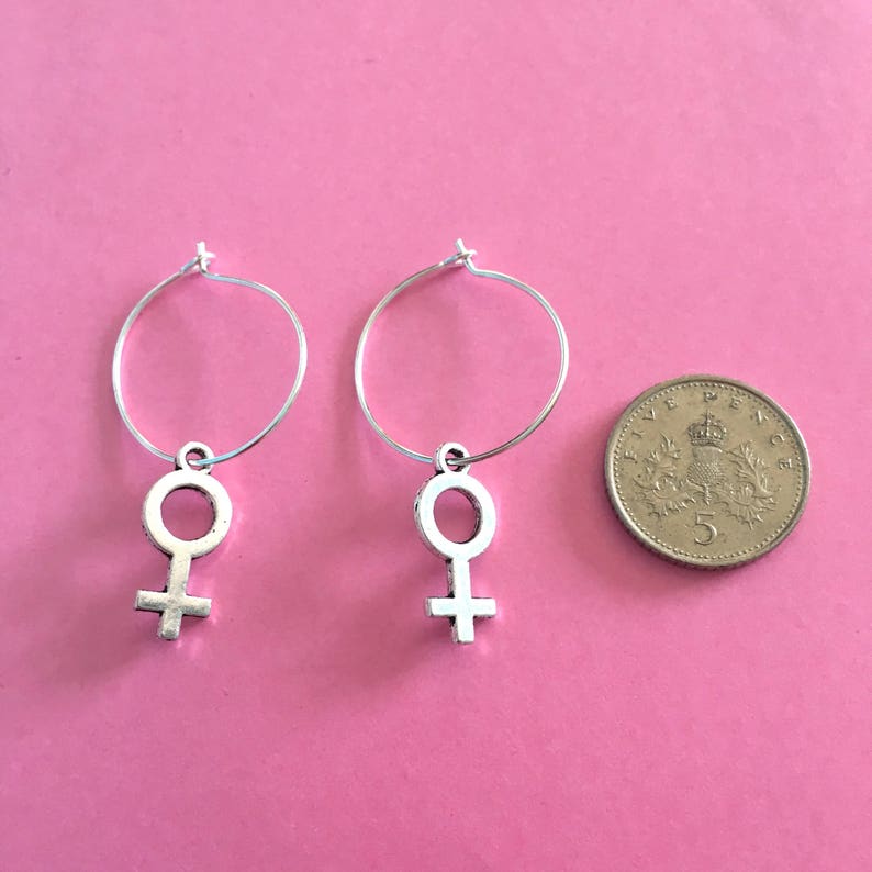 Smaller Size Silver Venus Female Symbol Hoop Earrings