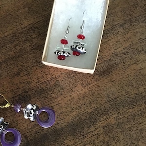 Rock Crystal Red Accent African Batik Horn Bead Earrings