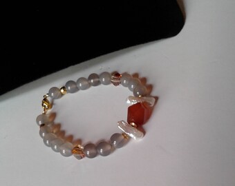 White Freshwater Stick Pearl Carnelian Nugget and Agate Bracelet