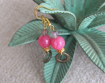 Bright Pink Jade with Bronze Go-Go Hoop Earrings