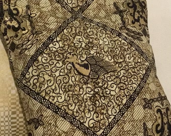 Metallic Black and Antique Gold Beige Batik Bird Accent Pillow Cover