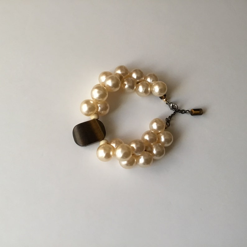 Vintage Bubble Pearl with Bold Tiger Eye Stone Adjustable Bracelet image 1
