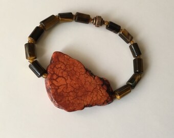 Tiger Eye Slab Stone Copper Stretch Bracelet Unisex