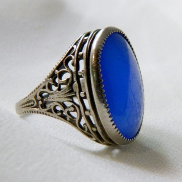 Vintage NEMCO Art Nouveau Blue Lapis & Silver Ring - Bezel Set - SIGNED - 1920 - Gorgeous
