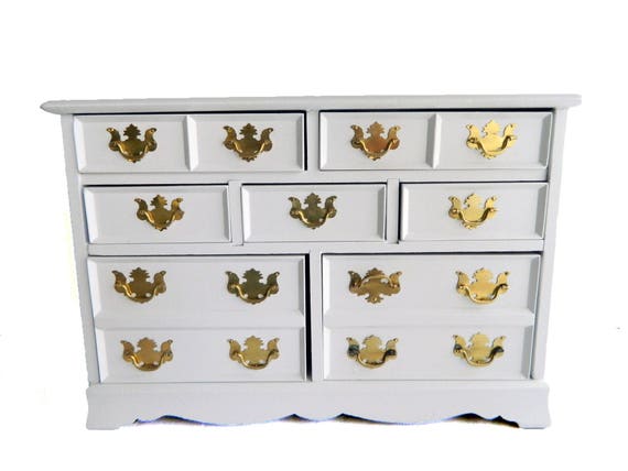 Vintage Large White Solid Wood Dresser Jewelry Box Brass Etsy