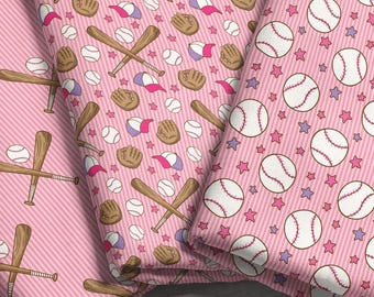 Pink Baseball Fabric Collection – Girls Sports, Bats, Gloves, Hats, Stars – Choose Your Pattern, Material, Scale - by the Yard & Fat Quarter