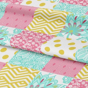 Gold Pink Floral Cheater Quilt Fabric By The Yard / Baby Girl Nursery / Quilting Fabric/ Modern Patches Fabric Print in Yard & Fat Quarter
