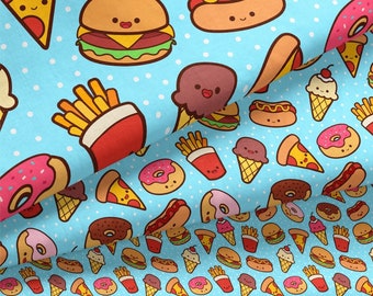 Fast Food Fabric By The Yard / Pizza Ice Cream Donut Burger French Fries Hot Dogs / Kawaii Fabric / Kids Fabric Print in Yard & Fat Quarter