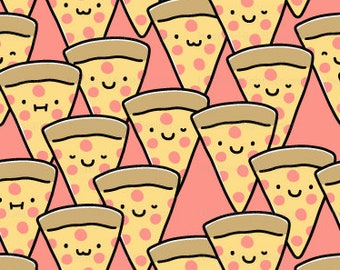 Pizza Cuties Fabric By The Yard / Cute Pizza Fabric / Funny Pizza Faces / Childrens' Fabric / Slice Pink Coral Print in Yard & Fat Quarter