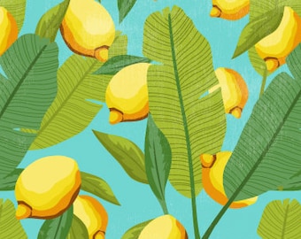 Lemon Botanical Fabric / Turquoise Lemon Fabric /Quilting Fabric / Home Decor Fabric / Citrus Tropical Fruit Print by the Yard & Fat Quarter