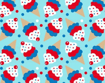 Ice Cream Fabric By The Yard / USA Fabric / Patriotic Fabric / Red White Blue / Cone Whimsical Kids Fabric Print in Yards & Fat Quarter