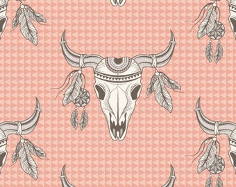 Desert Skull Fabric / Dusty Rose Fabric / Tribal Boho Fabric / Feather and Skull Fabric / Blush Animal Skull Print by the Yard & Fat Quarter