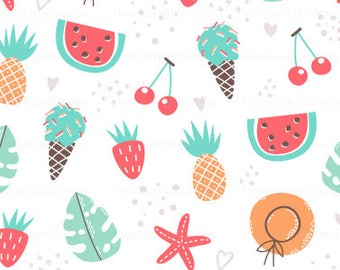 Fruit Summer Fabric By The Yard - Whimsy Pineapple Strawberry Watermelon Ice Cream Print in Yard & Fat Quarter