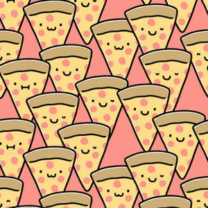 Pizza Cuties Fabric By The Yard / Cute Pizza Fabric / Funny Pizza Faces / Childrens' Fabric / Slice Pink Coral Print in Yard & Fat Quarter