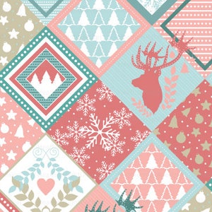 Patchwork Christmas Fabric by the Yard / Cheater Quilt Fabric / Reindeer Fabric / Winter Fabric / Modern Print in Yards & Fat Quarter