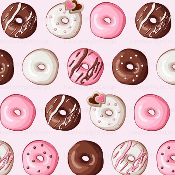 Valentine Donut Fabric By The Yard - Pink Heart Doughnut Icing Sprinkle Print in Yards & Fat Quarter