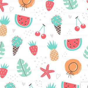 Fruit Summer Fabric By The Yard - Whimsy Pineapple Strawberry Watermelon Ice Cream Print in Yard & Fat Quarter