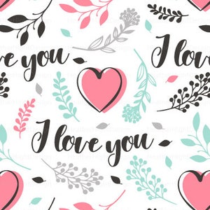 Valentine&#39;s Love Fabric by the Yard / Valentine&#39;s Day Floral Fabric / Quilting Cotton Fabric / I Love You Heart Print in Yard & Fat Quarter