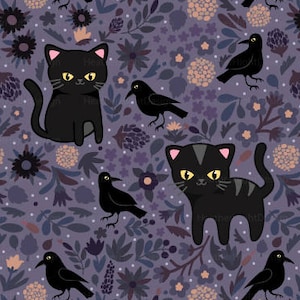 Black Cats and Ravens Fabric by the Yard - Halloween Dark Kitten and Floral Print in Yard & Fat Quarter