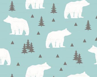 Woodland Bear Fabric By The Yard - Winter Cabin Mint and White Bear Print in Yards & Fat Quarter