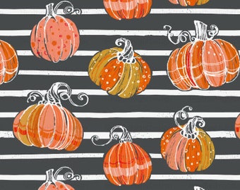 Autumn Pumpkin Fabric By The Yard / Pumpkin Stripes Fabric / Folk Art Fabric / Home Decor / Halloween Fabric Print in Yard & Fat Quarter