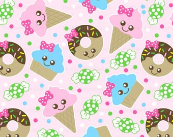 Cute Treats Fabric / Kawaii Dessert Fabric / Ice Cream Donut Cupcake / Cute Girl Fabric / Dessert Print Fabric by the Yard & Fat Quarter