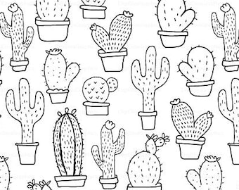 Cactus Fabric in Black and White by the Yard - Cacti Succulents Nursery Print in Yards & Fat Quarter
