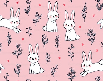 Spring Bunny Fabric by the Yard / Rabbit Fabric / Easter Fabric / Cute Fabric / Pink Floral Bunnies Print in Yard & Fat Quarter