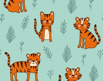 Safari Tiger Fabric By The Yard / Hand Drawn Tigers / Jungle Fabric / Cotton Quilting Fabric / Whimsical Tiger Print in Yards & Fat Quarter