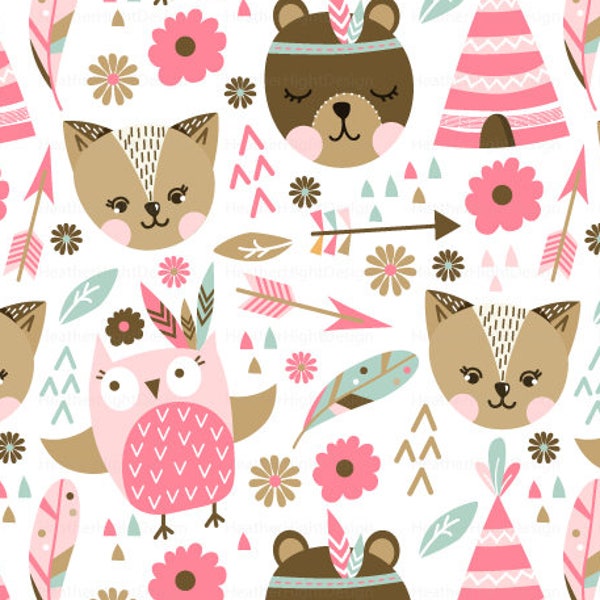 Tribal Animals Fabric By The Yard / Boho Fabric / Girl Fabric / Pink and Brown Baby Girl Animal Print in Yards & Fat Quarter