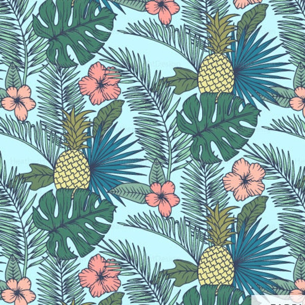 Tropical Garden Fabric by the Yard - Blue Hawaiian Pineapple Palm Leaf Fronds Summer Print in Yard & Fat Quarter