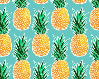 Tropical Pineapple Fabric by the Yard - Turquoise Blue Green Geometric Hawaiian Pineapple Print in Yard & Fat Quarter