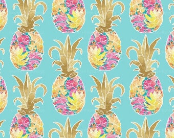 Floral Pineapple Fabric by the Yard / Tropical Fabric / Hawaiian Fabric / Tropic Summer Pineapple Print in Yard & Fat Quarter