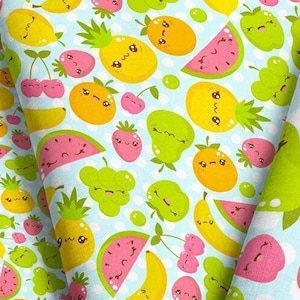 Kawaii Fruit Fabric – Cute Summer Print by the Yard or Fat Quarter | Custom Scale & Material