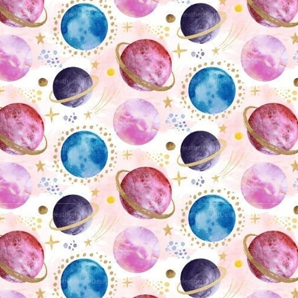 Watercolor Galaxy Fabric / Girly Outer Space Fabric / Purple Pink Planet Fabric / Baby Nursery Fabric Print by the Yard & Fat Quarter