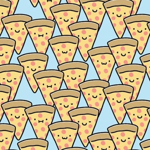 Pizza Buddies Fabric By The Yard / Cute Pizza Fabric / Funny Pizza Faces / Childrens Fabric / Slice Light Blue Print in Yard & Fat Quarter