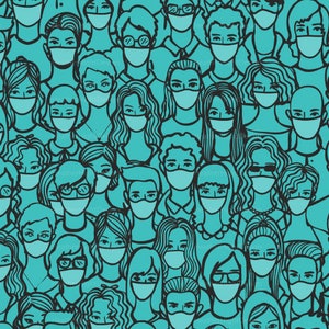 People in Masks Fabric By The Yard - Blue / Face Mask Fabric / 2020 Pandemic Fabric / Blue Faces Fabric Print in Yards & Fat Quarter