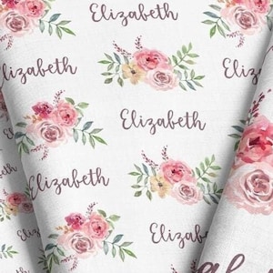 Gepersonaliseerde stof aquarelbloemen / Aangepaste naamstof / Naam babymeisjesstof / Dusty Rose Stof Print op maat knippen & Fat Quarter