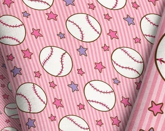 Pink Baseball Fabric - Pinstripe Girls American Sports Fabric by the Yard & Fat Quarter