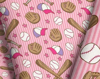 Pink Baseball Things Fabric - American Sports Quilting Cotton, Jersey Knit, Minky, Fleece Fabric by the Yard & Fat Quarter