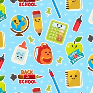 Back to School Fabric By The Yard / Kawaii School Supplies Fabric / Elementary and Kindergarten / BTS Fabric Print by the Yard & Fat Quarter