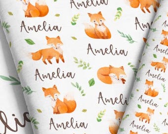 Fox Personalized Fabric / Baby Fabric / Custom Name Fabric / Watercolor Fox Fabric / Autumn Fabric / Modern Nursery Fabric Print by the Yard