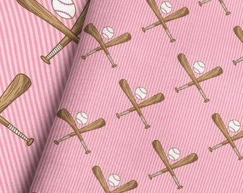 Pink Baseball Bat Fabric – Girls Sports Pinstripe Print by the Yard & Fat Quarter
