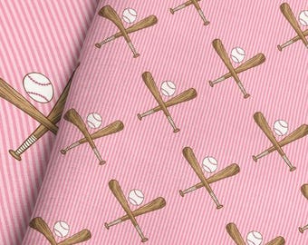 Pink Baseball Bat Fabric: Girls Sports Pinstripe Print - By The Yard & Fat Quarter